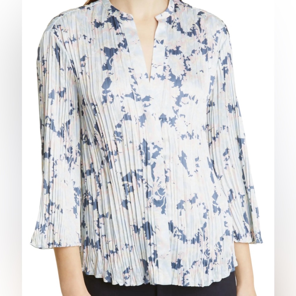 Vince Lotus Print Pleated Blouse 2X XXL Tide Pool Blue Floral NWT